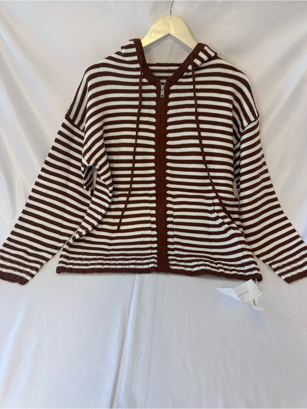 Fisoew womens L Brown White striped knit hooded pullover sweater long sleeve nwt